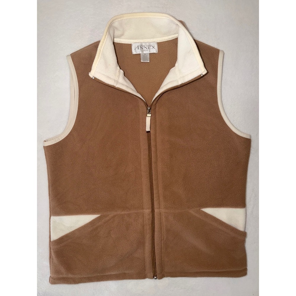 Casual Corner Annex Petite Fleece Vest Tan Brown Cream Zip Pockets Medium M